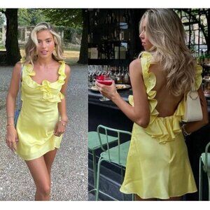 HOUSE OF CB Tink Satin Ruffle Mini Dress in Buttercup Size Large+ (X-Large)
